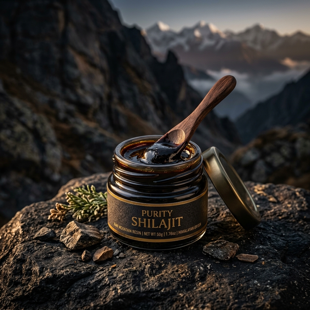 Pure Karakoram Shilajit resin in glass jar on mountain rock